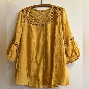 Karen Kane Golden Yellow Gauze Bell Sleeve Lace Accent Blouse S